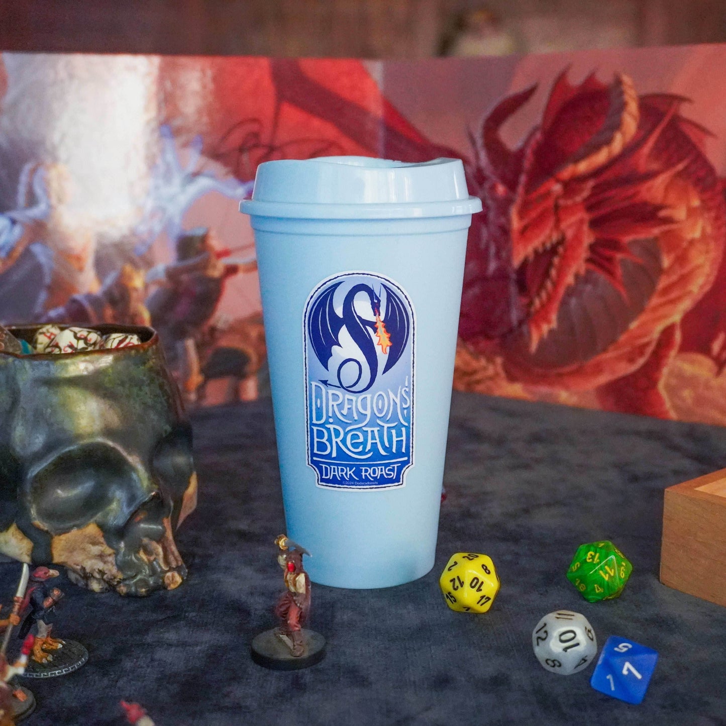 Coffee Cup Dice Tower – Roll with Caffeinated Style - Light Blue / Dragon's Breath Dark Roast