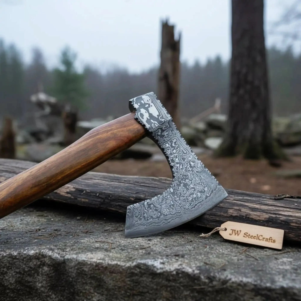 Handmade Damascus Steel Bearded Viking Axe with Hardwood Handle – Custom Forged Norse Camp Axe | JW SteelCrafts