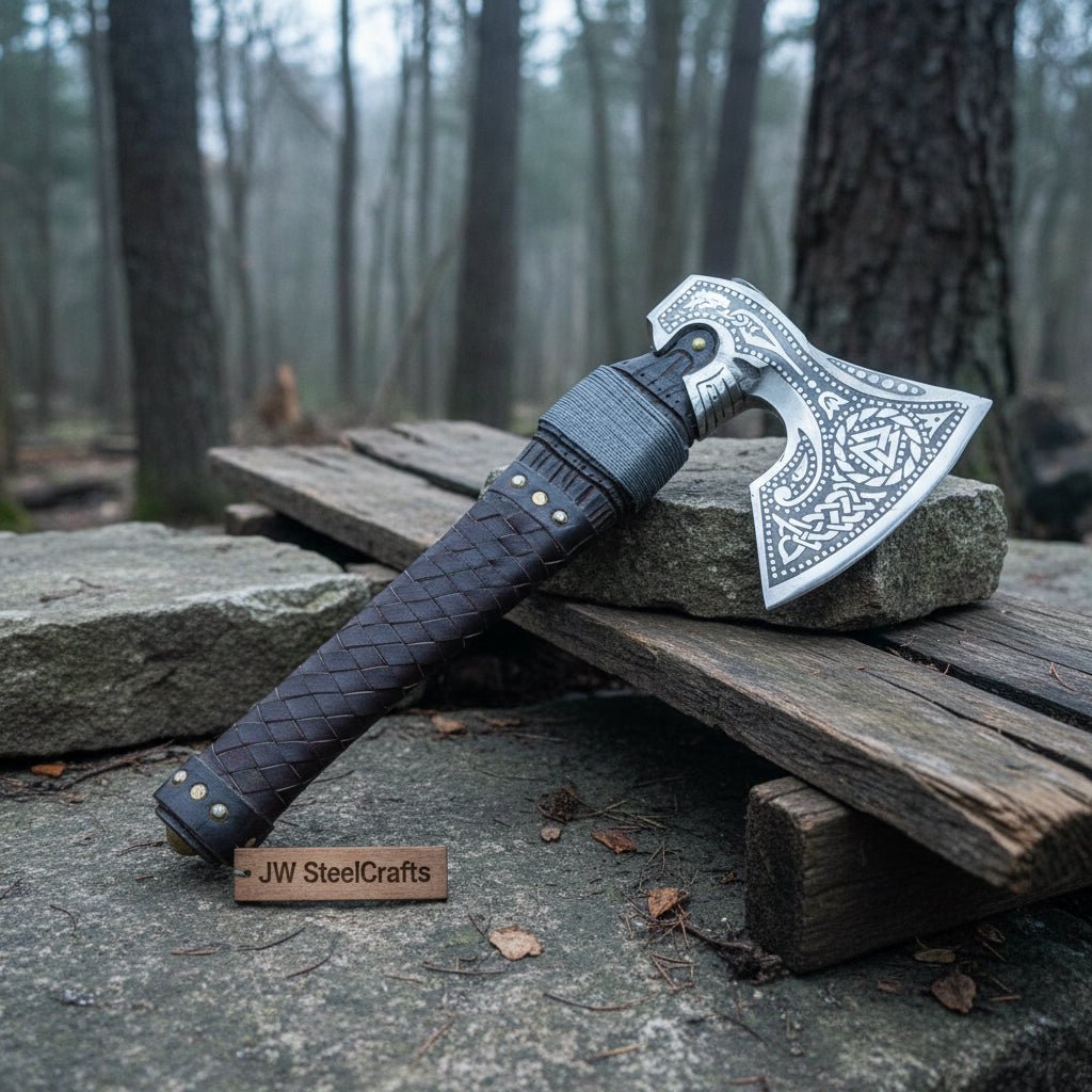 Viking Style Engraved Axe | Handcrafted Leather Wrapped Handle