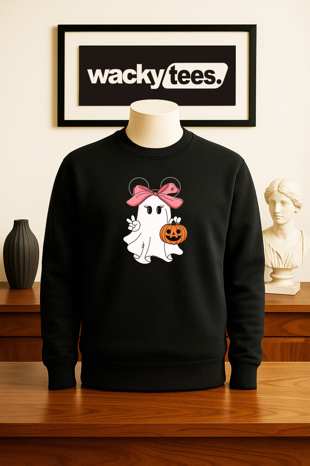 Cute Halloween Female Ghost with Pumpkin Trick Or Treating Graphic Tee Shirt