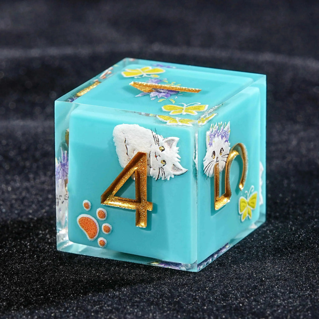 Plush White Cat Blue Resin DND Dice Set + Gold Font