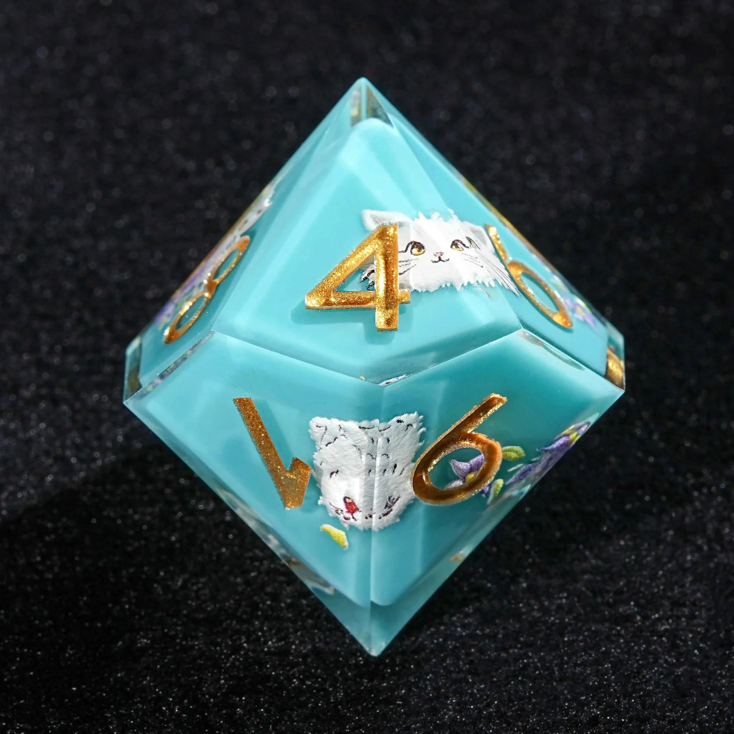Plush White Cat Blue Resin DND Dice Set + Gold Font