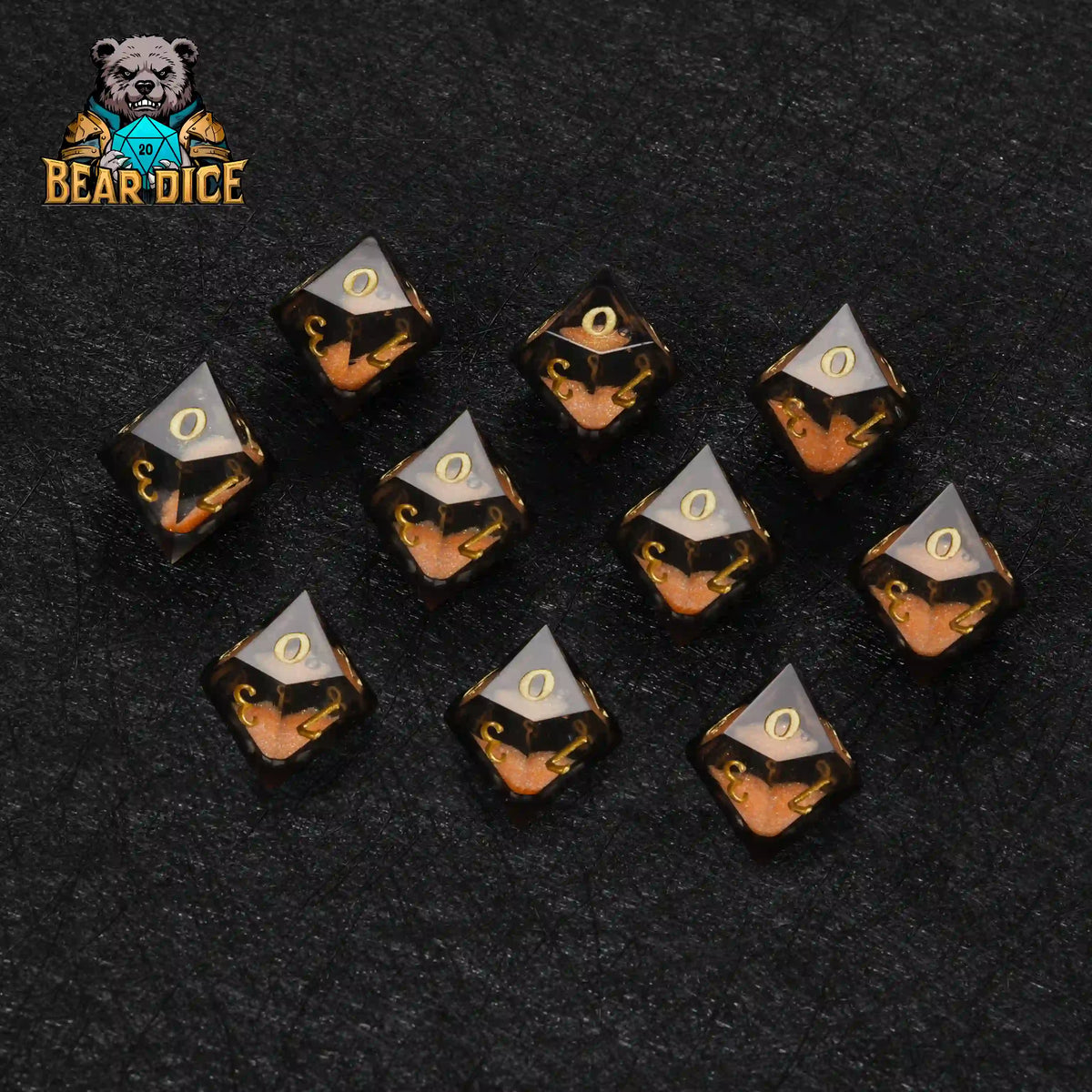 Orange Resin d10 Die + Gold Numerals (Ten-Sided Die)
