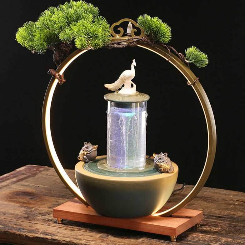 Lucky Pheasant Round LED Backflow Incense Burner With Flowing Water Fortune Fountain - 