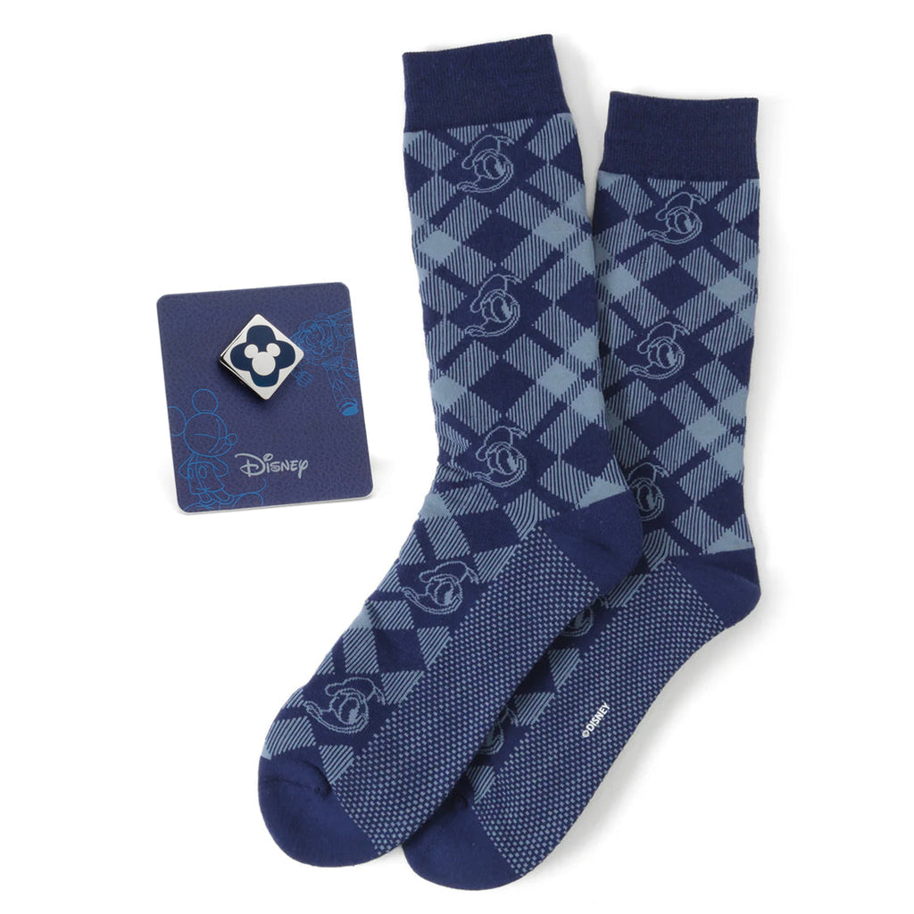 Disney Donald Duck Plaid Socks and Mickey Mouse Blue Lapel Pin Gift Set