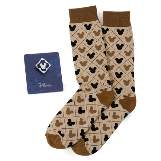 Disney Mickey Mouse Tan Sock & Mickey Lapel Pin Set