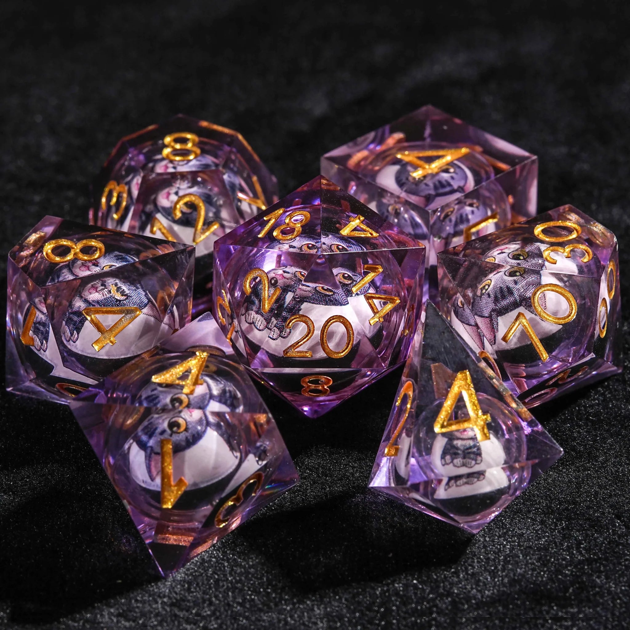 DND Clear Purple Resin Round Liquid Core Cat Dice Set with Gold Numbers