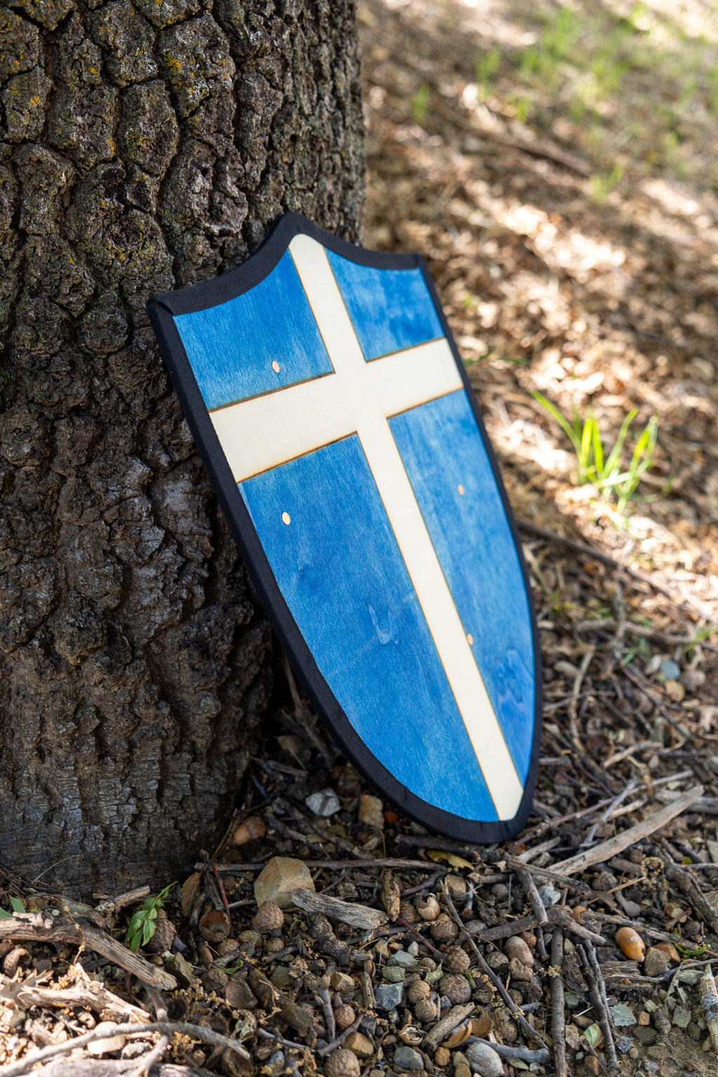Handmade 18" Blue and White Cross Heater Shield For Costume, Play or Wall Art