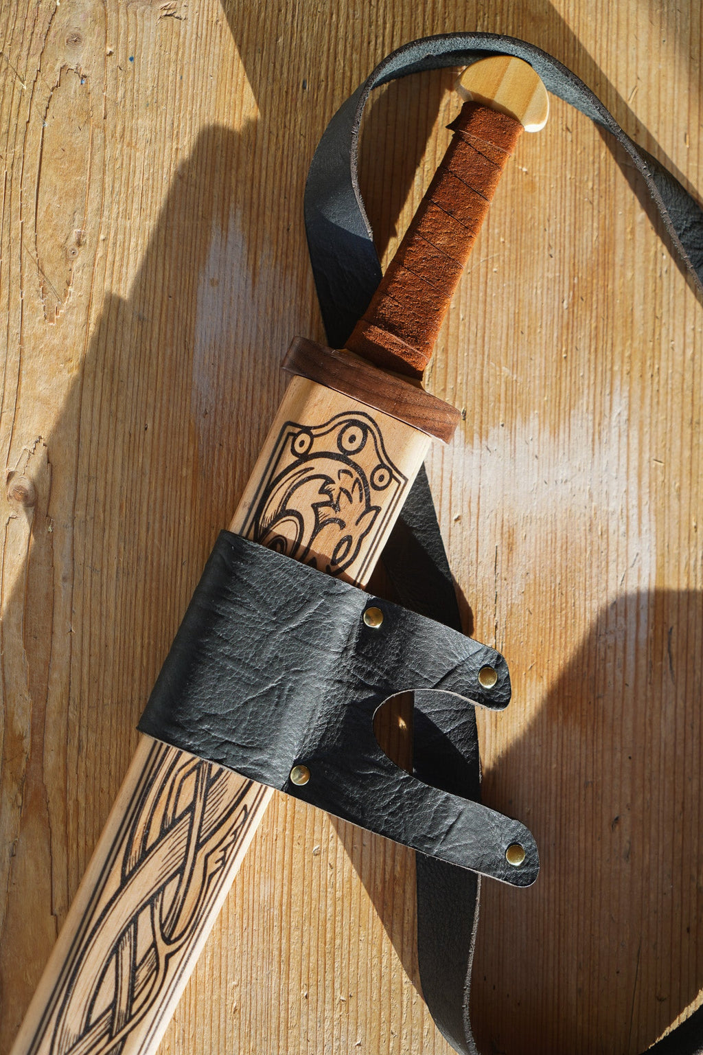 Mini Wooden Viking Sword with Norse Motif, Wooden Sheath and Leather Wrapped Handle