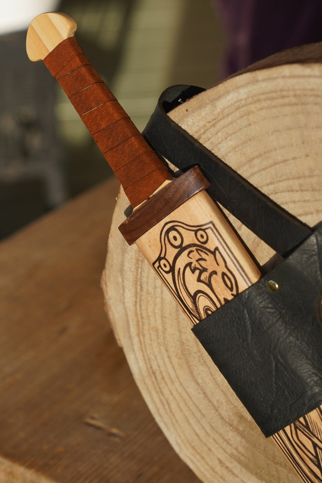 Mini Wooden Viking Sword with Norse Motif, Wooden Sheath and Leather Wrapped Handle