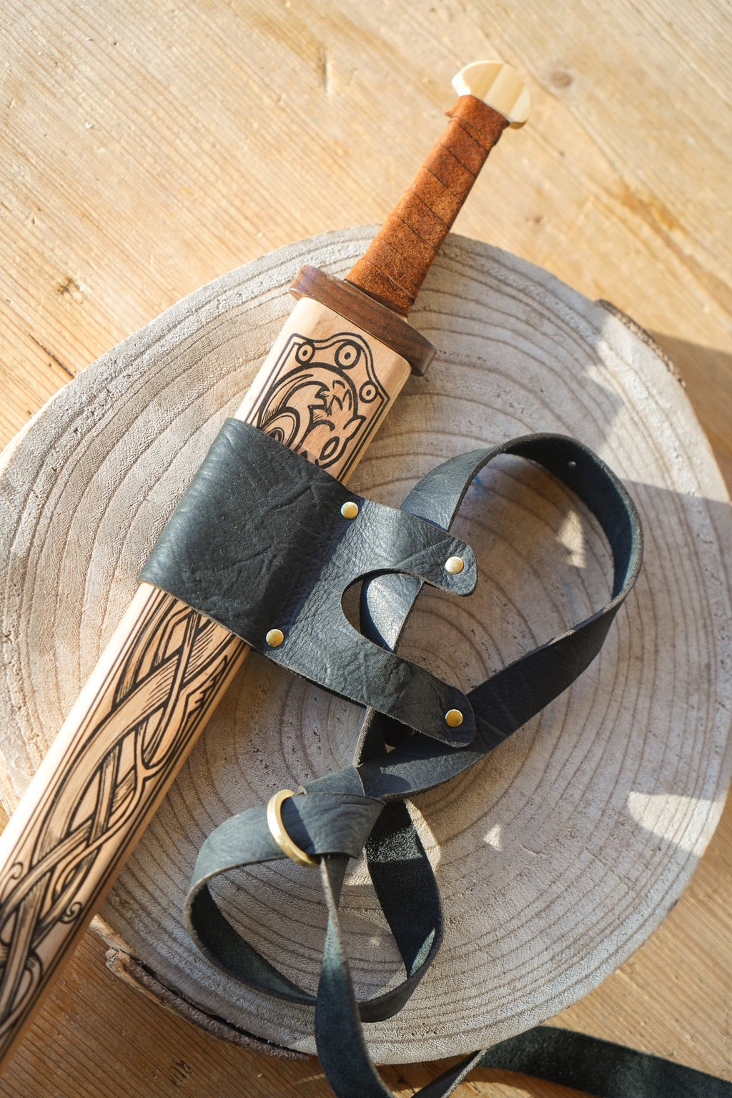 Mini Wooden Viking Sword with Norse Motif, Wooden Sheath and Leather Wrapped Handle