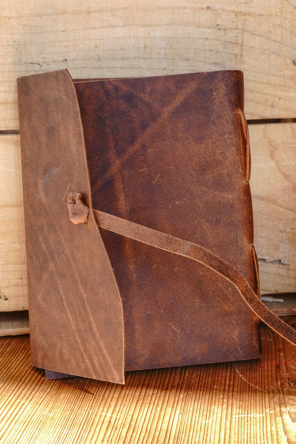 Genuine Leather Journal with Antiqued Handmade Pages, Leather Strap Closure, and Wooden Pencil