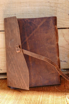 Genuine Leather Journal with Antiqued Handmade Pages, Leather Strap Closure, and Wooden Pencil
