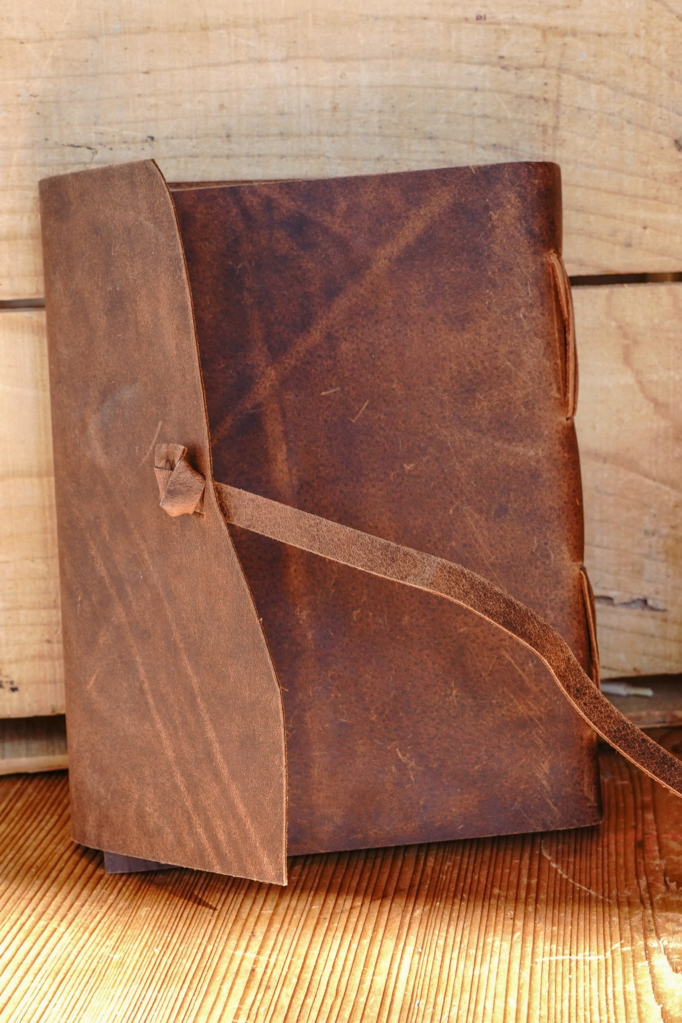 Genuine Leather Journal with Antiqued Handmade Pages, Leather Strap Closure, and Wooden Pencil
