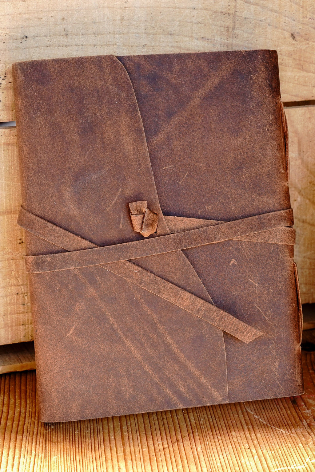 Genuine Leather Journal with Antiqued Handmade Pages, Leather Strap Closure, and Wooden Pencil