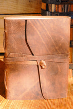 Genuine Leather Journal with Antiqued Handmade Pages, Leather Strap Closure, and Wooden Pencil