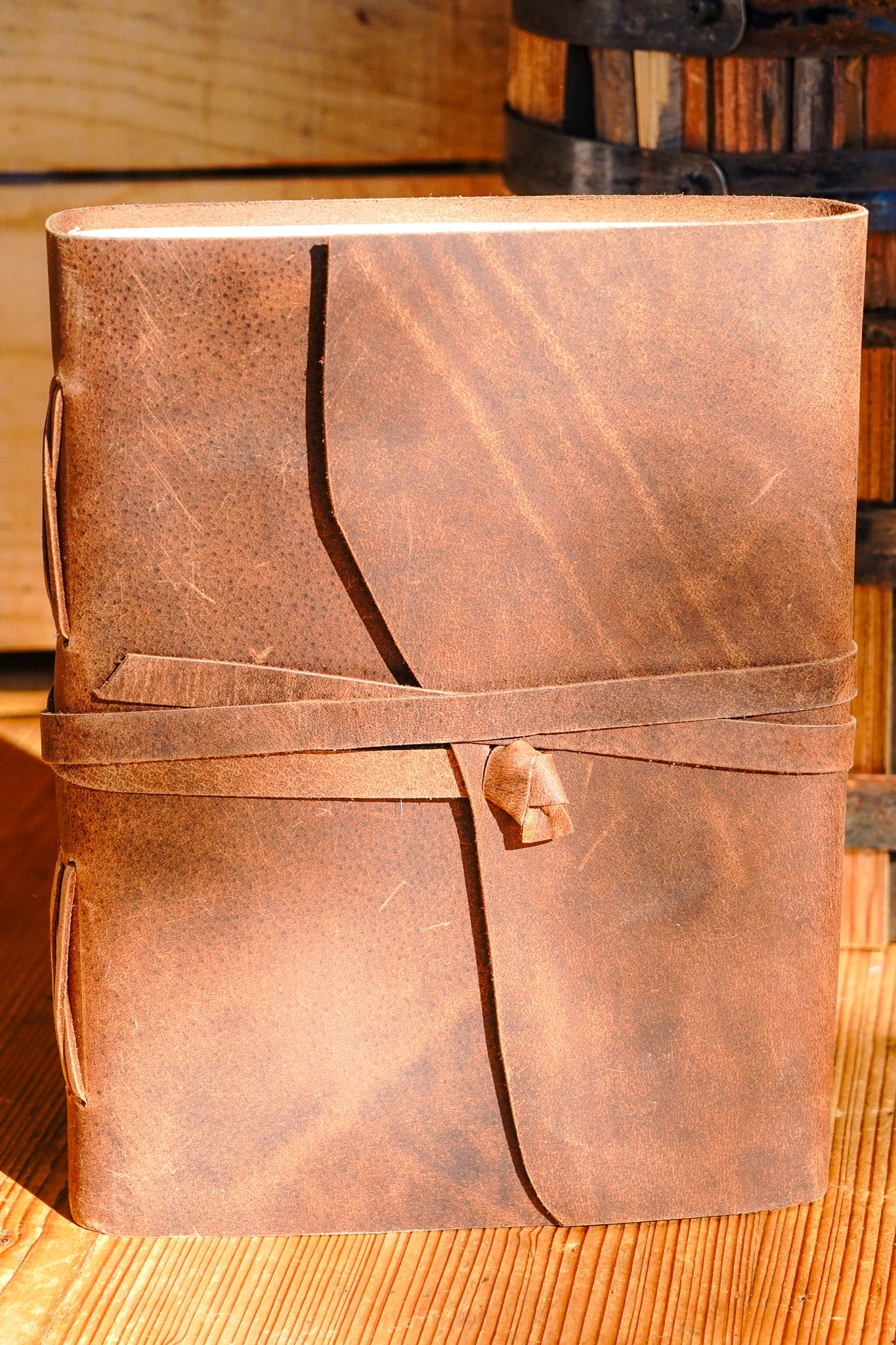 Genuine Leather Journal with Antiqued Handmade Pages, Leather Strap Closure, and Wooden Pencil