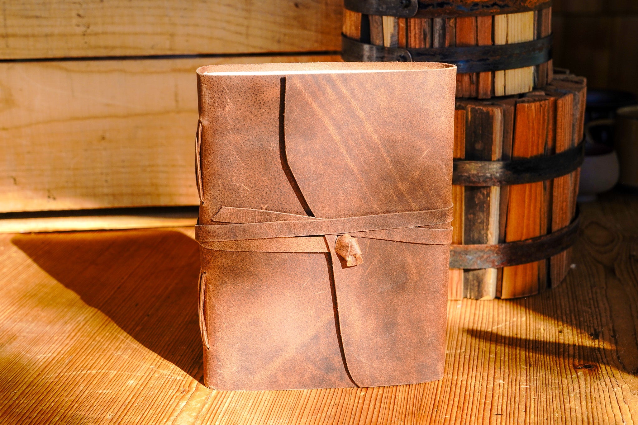 Genuine Leather Journal with Antiqued Handmade Pages, Leather Strap Closure, and Wooden Pencil