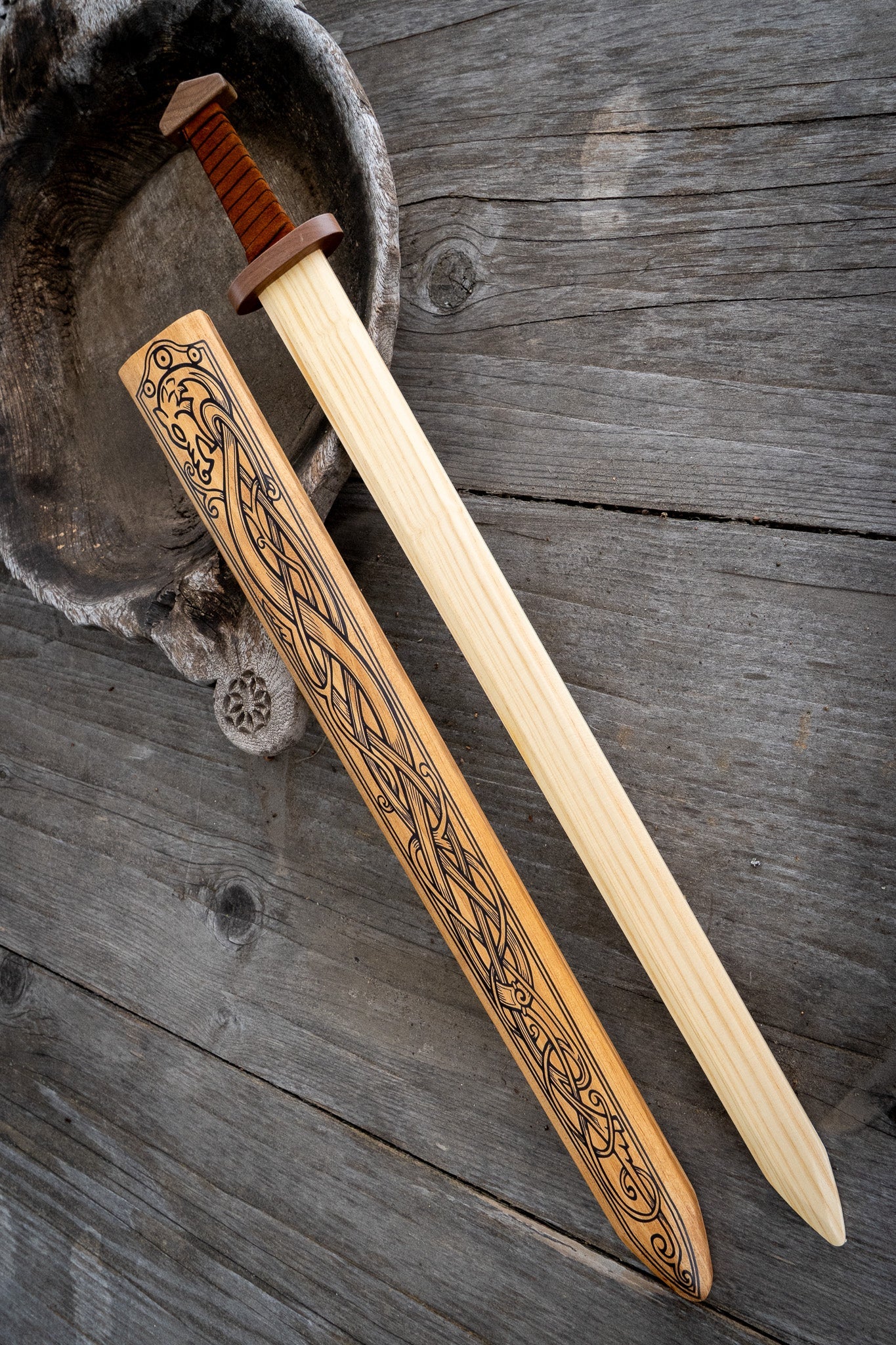 Large Wood Replica Viking Sword with Norse Motif