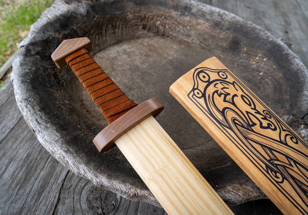 Large Wood Replica Viking Sword with Norse Motif