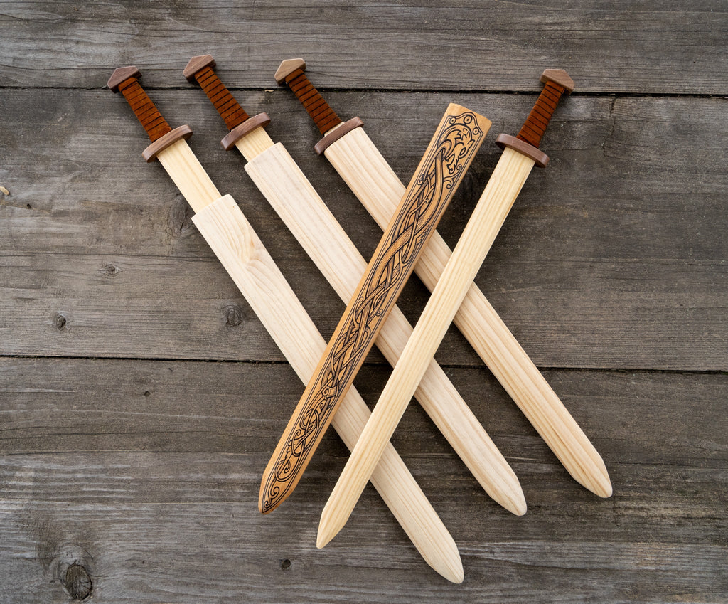 Large Wood Replica Viking Sword with Norse Motif