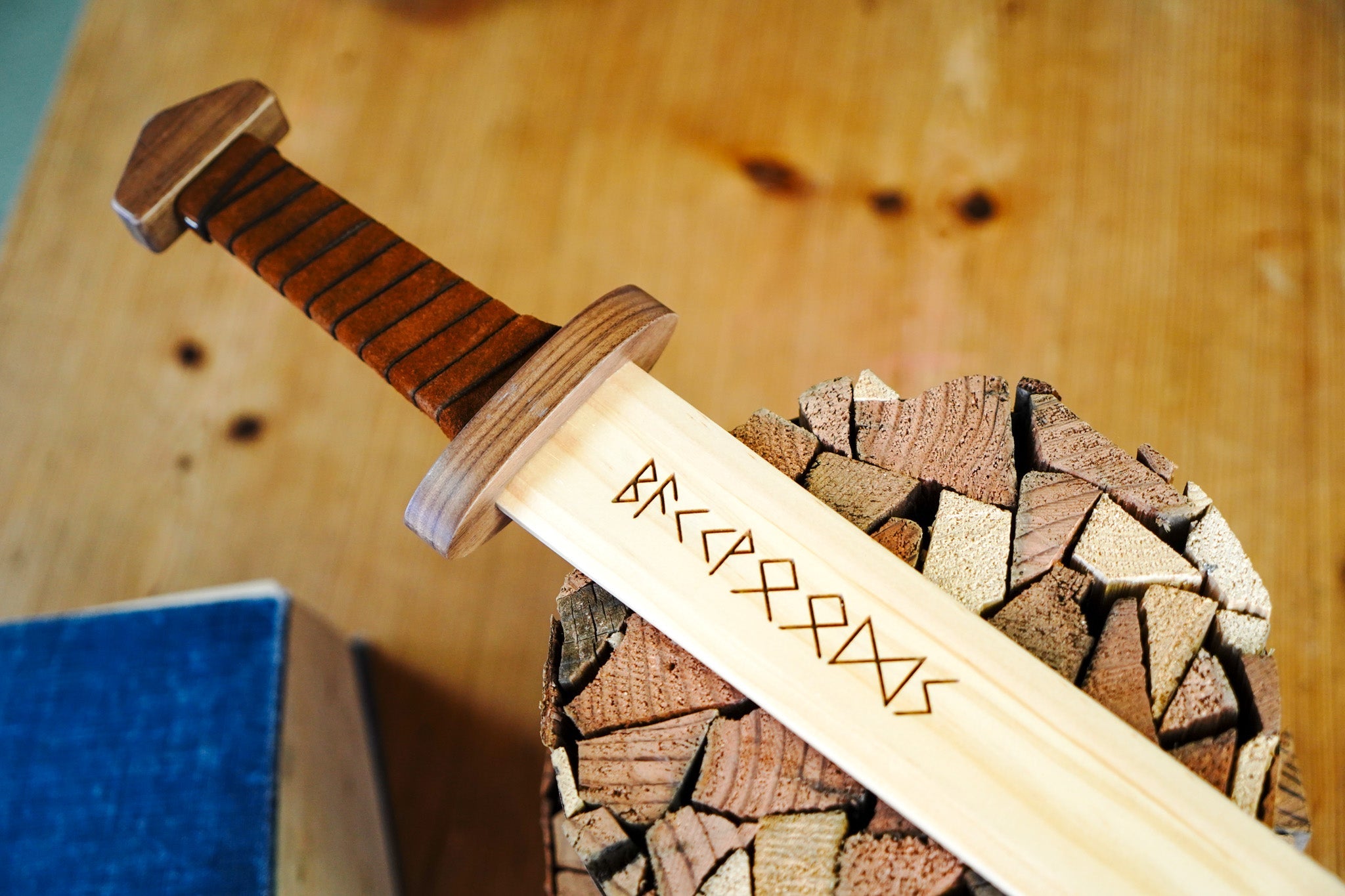 Large Wood Replica Viking Sword with Norse Motif