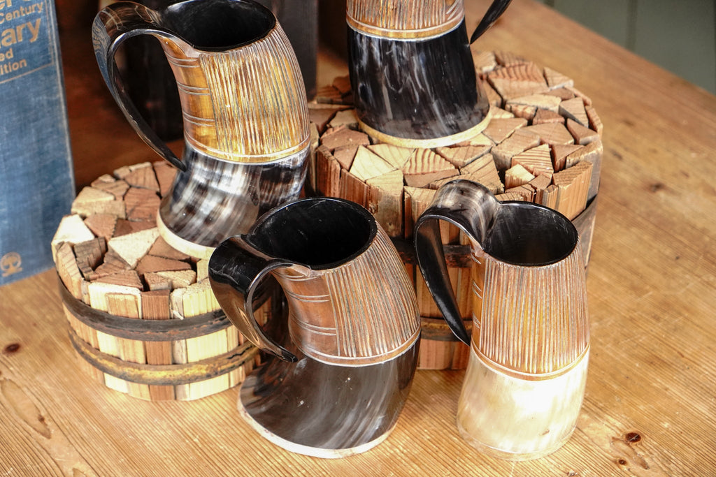 Two-Tone Horn Stein with Carved Motif and Wood Base