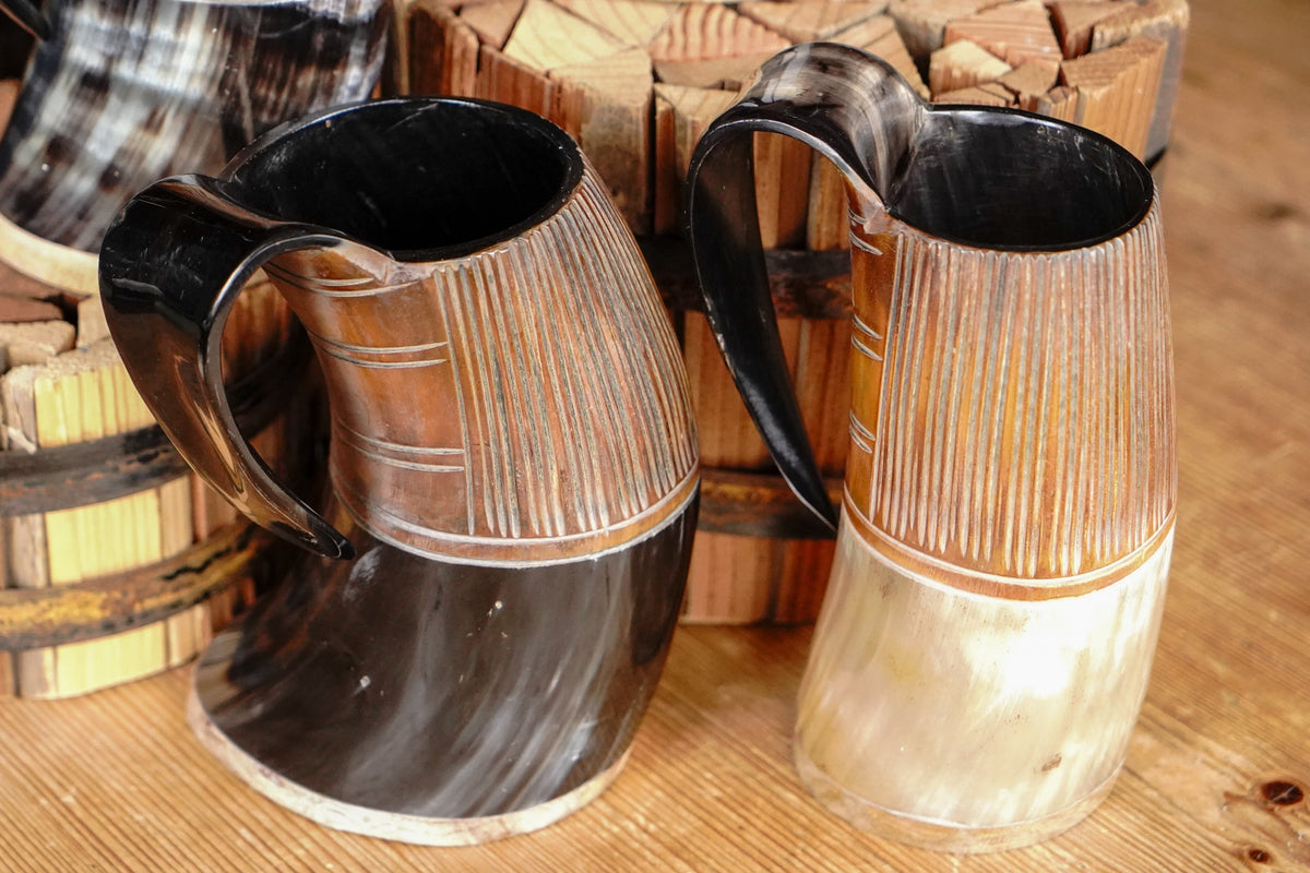 Two-Tone Horn Stein with Carved Motif and Wood Base