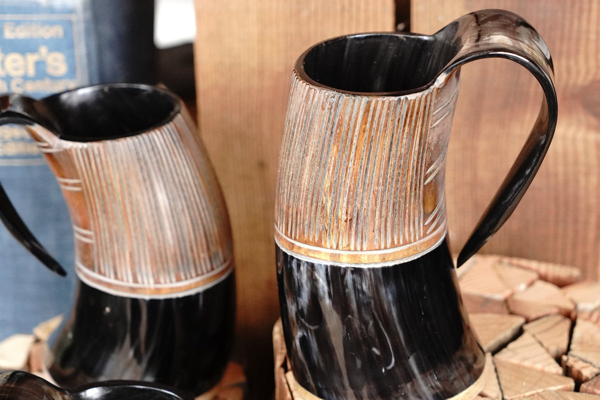 Two-Tone Horn Stein with Carved Motif and Wood Base