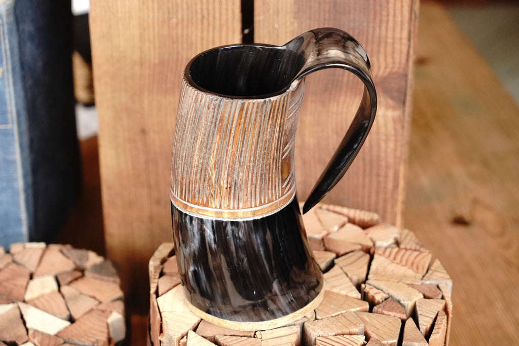 Two-Tone Horn Stein with Carved Motif and Wood Base