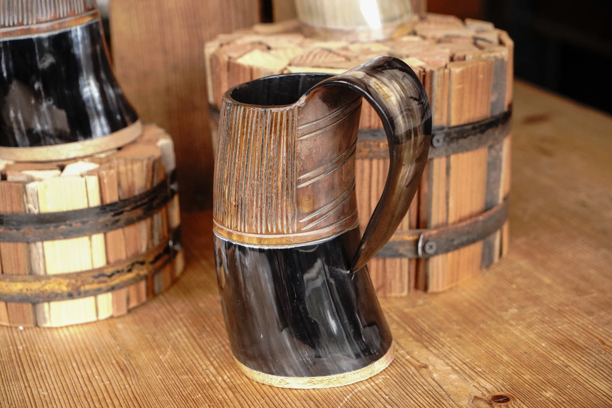 Two-Tone Horn Stein with Carved Motif and Wood Base