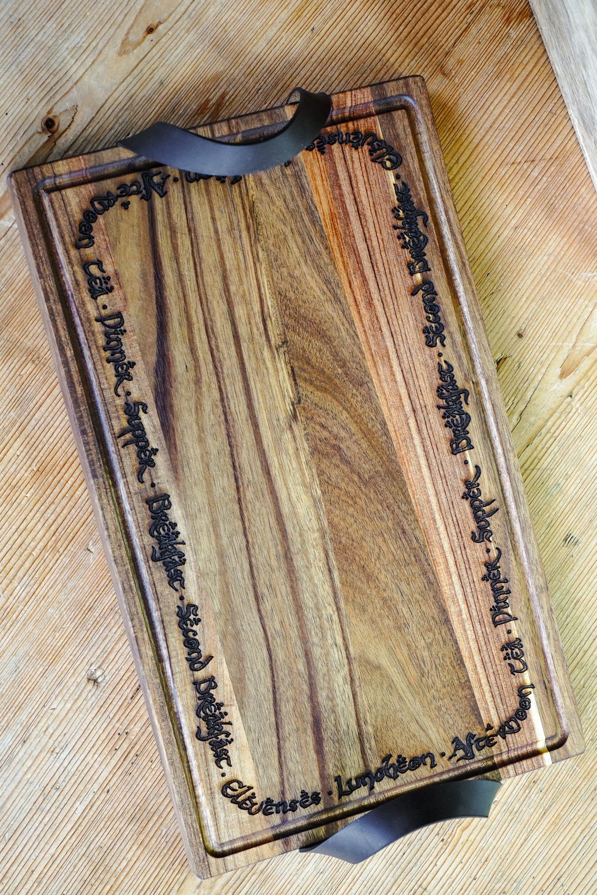 Rustic Hobbit Inspired Leather Handle Serving Charcuterie Plank