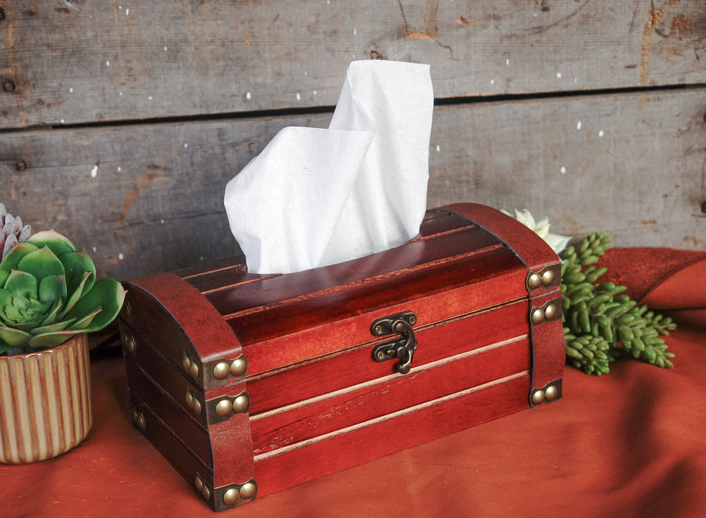Wooden Chest Tissue Box - Cherry with Bronze Accents