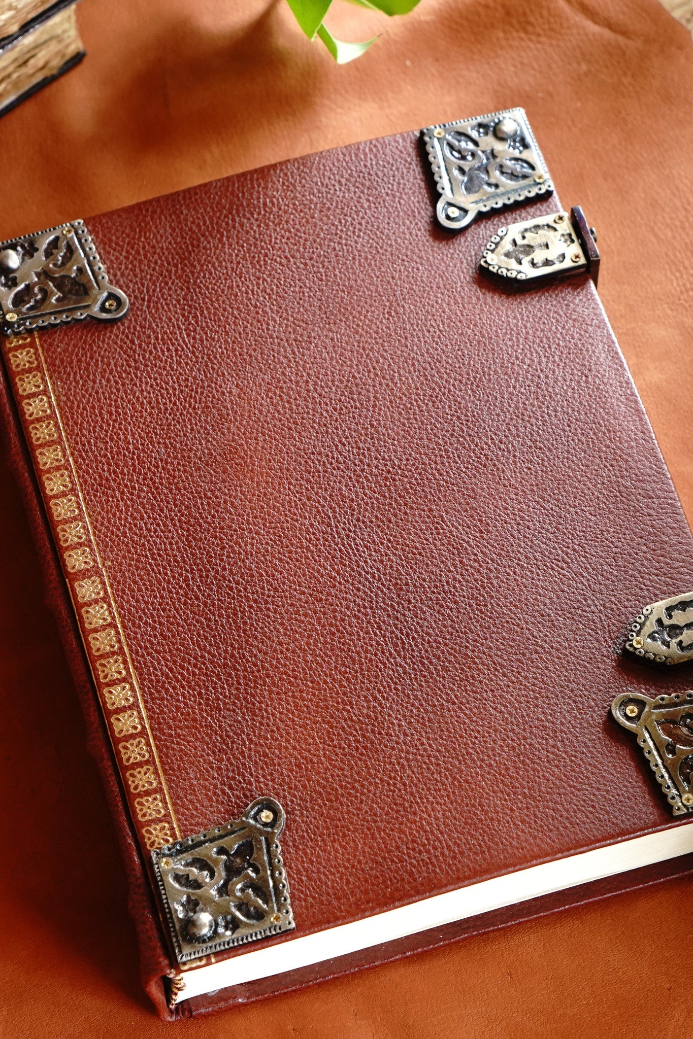 Large Leather Tomb Journal with Celtic Trinity Symbol and Metal Closure Hardware