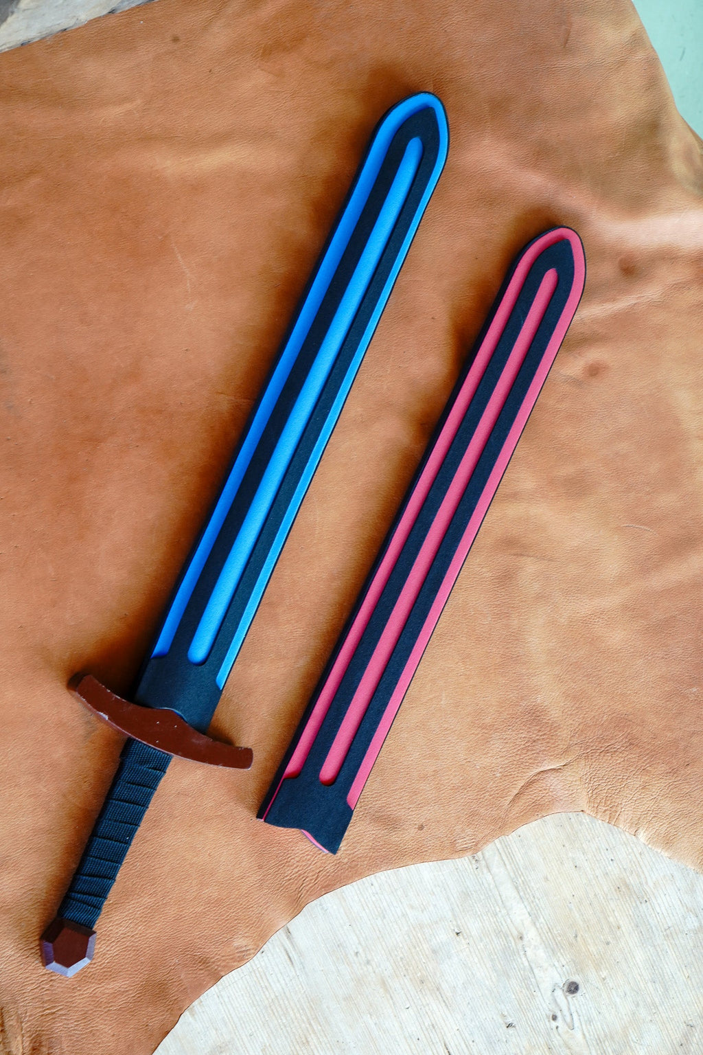 Wood Toy Sword with Sheath: Padded Foam Cover - Red, Blue, or Grey