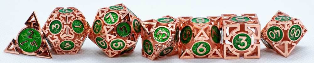 Rose Gold w/Green Deadly Arrow Dice | 7-Dice RPG Set High Visibility - 