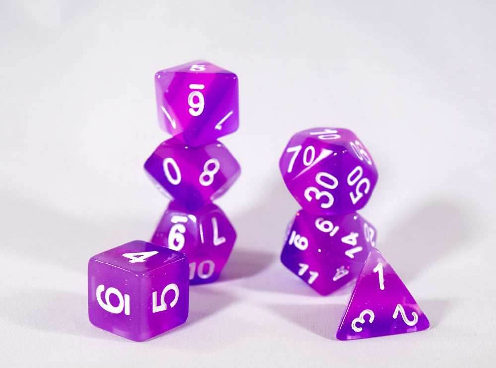 Translucent Purple Aurora Poly Dice Set Purple Violet (7) White Numbers New RPG DnD HDdice - 
