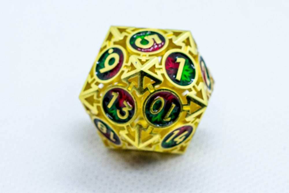 Single d6/d20 Shiny Gold w/Red-Green Deadly Arrow Dice - d6