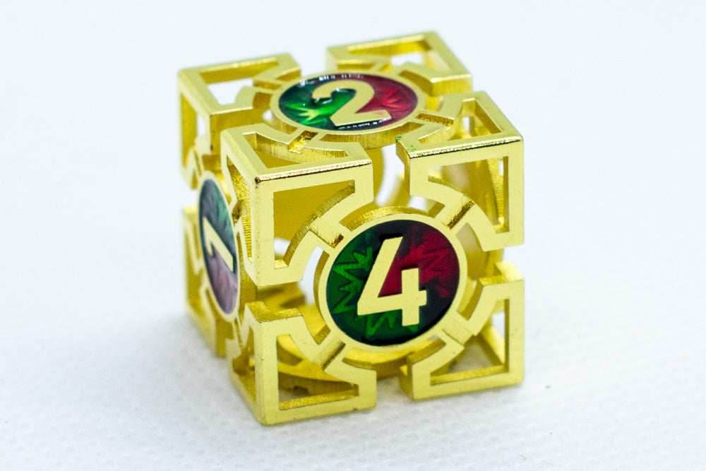 Single d6/d20 Shiny Gold w/Red-Green Deadly Arrow Dice - d6