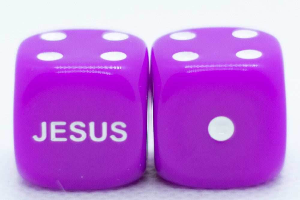 10-Pack Purple 16mm d6 Dice Featuring 'JESUS' on the 6 side - 