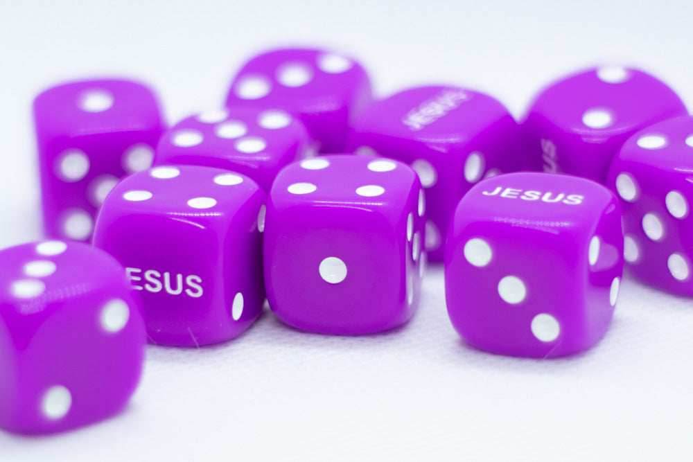 10-Pack Purple 16mm d6 Dice Featuring 'JESUS' on the 6 side - 