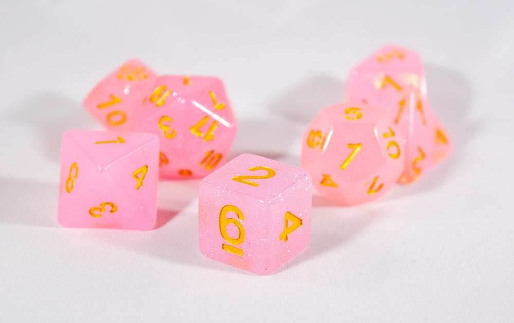 Sparkling Glitter Pink with Gold Numbers Poly Dice Set (7) RPG DnD HDdice - 