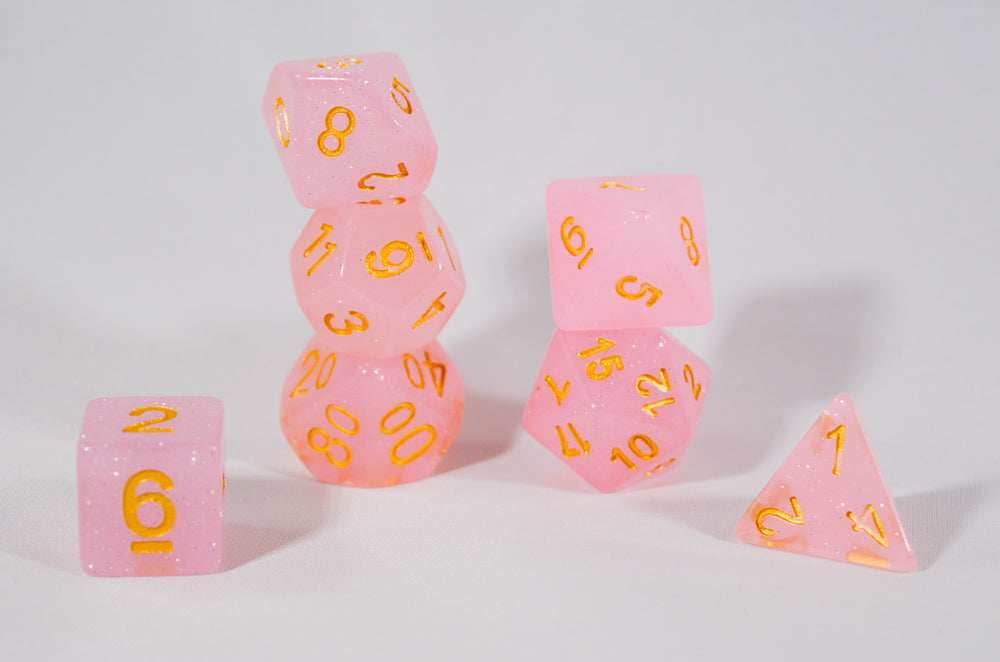 Sparkling Glitter Pink with Gold Numbers Poly Dice Set (7) RPG DnD HDdice - 