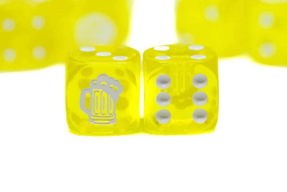 Clear Yellow w/White 16mm d6 Dice Featuring a White Mug on the '1' side (sold per die) - 