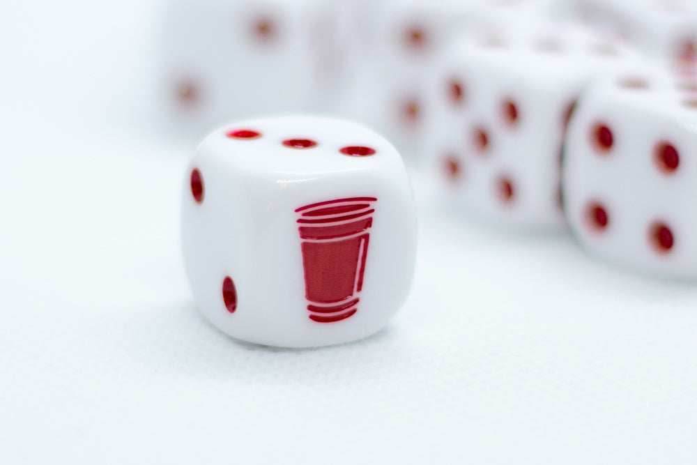 Opaque White w/Red 16mm d6 Dice Featuring a Red Cup on the '1' side (sold per die) - 