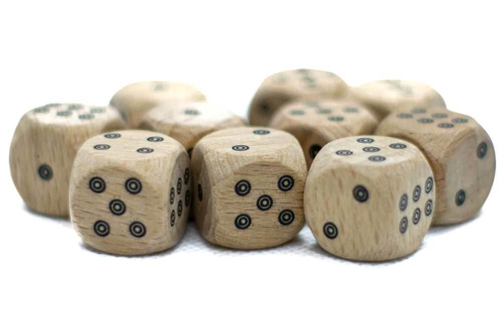 Birds-Eye Wooden 16mm d6 Dice w/ Black Dots Rounded Corners (sold per die) - Wood Dice - 