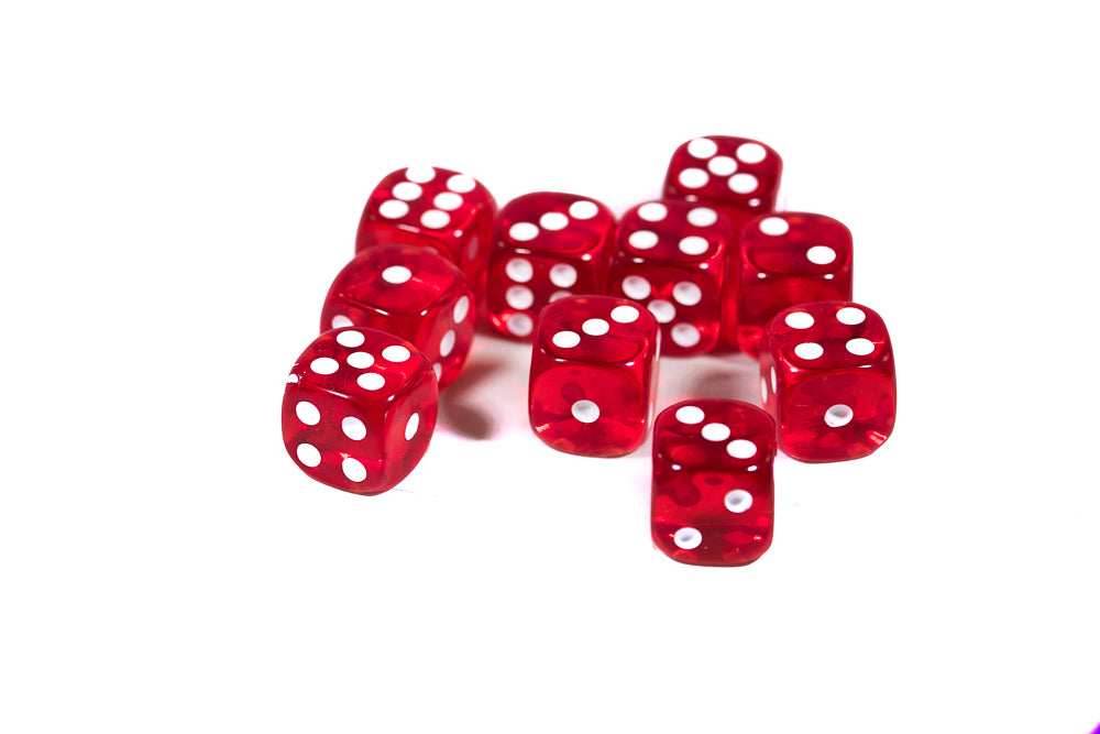 Translucent 16mm Pipped d6 Dice Red/Orange/Yellow/Green/Blue/Purple/Clear/Black/Pink (sold by the piece) - red