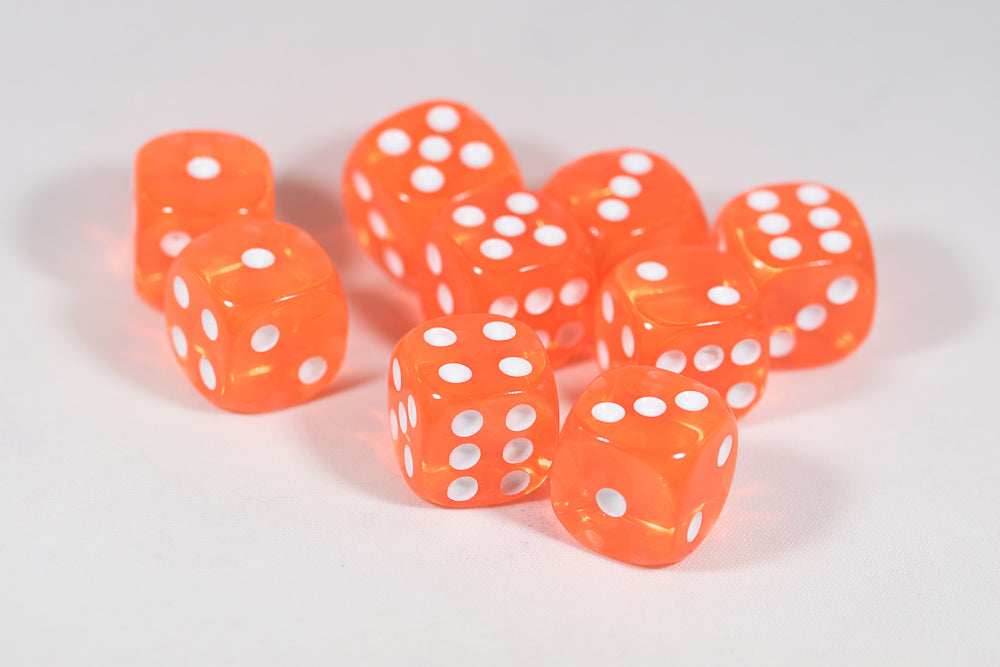 Translucent 16mm Pipped d6 Dice Red/Orange/Yellow/Green/Blue/Purple/Clear/Black/Pink (sold by the piece) - orange