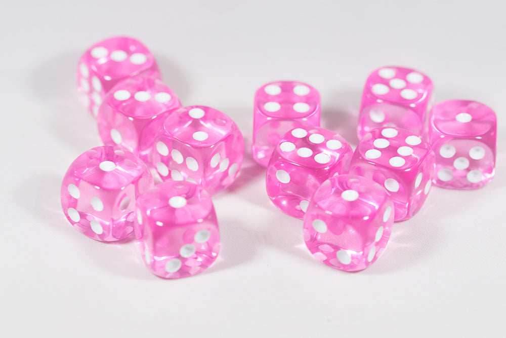 Translucent 16mm Pipped d6 Dice Red/Orange/Yellow/Green/Blue/Purple/Clear/Black/Pink (sold by the piece) - pink