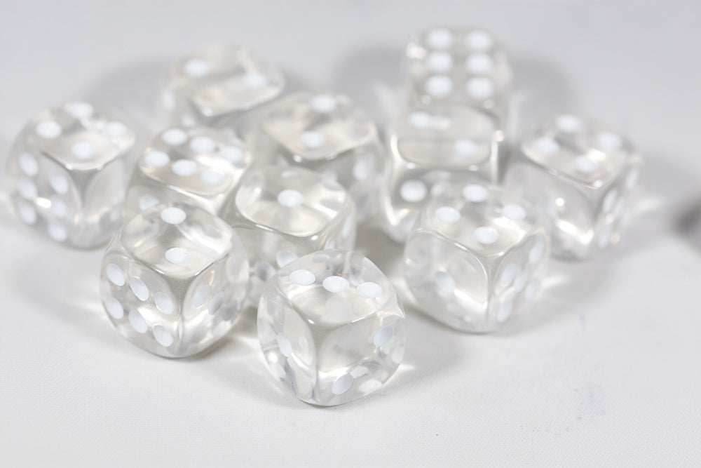 Translucent 16mm Pipped d6 Dice Red/Orange/Yellow/Green/Blue/Purple/Clear/Black/Pink (sold by the piece) - clear